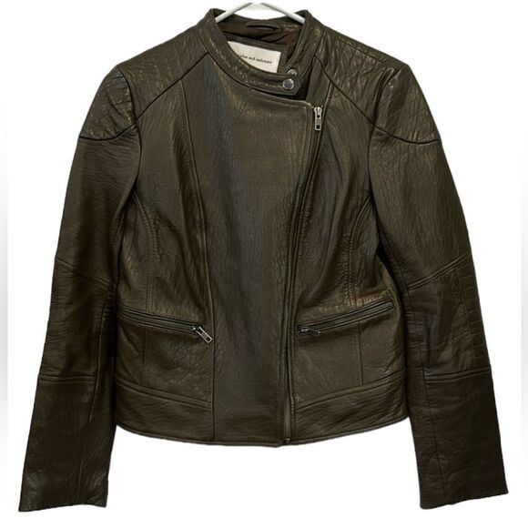 Cupcakes and cashmere dark brown leather Moto jacket, size extra small - Picture 1 of 12